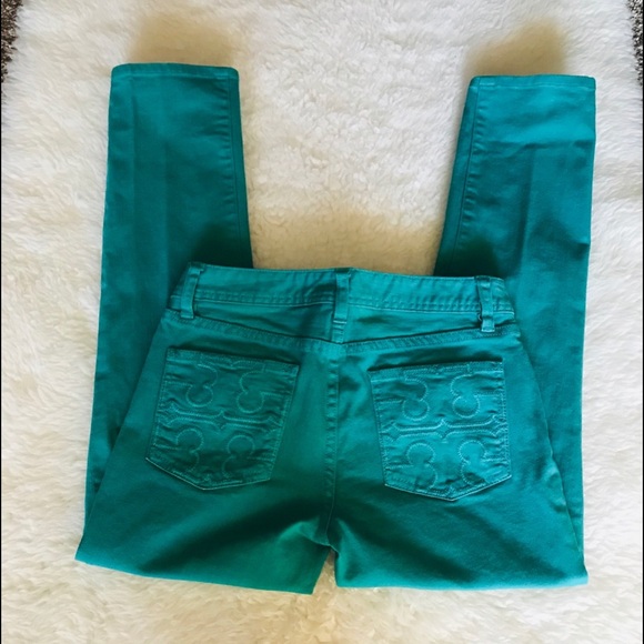 Tory Burch Women’s Cropped Slim Boot Green Denim Jeans/Pants size 26 - Picture 2 of 13